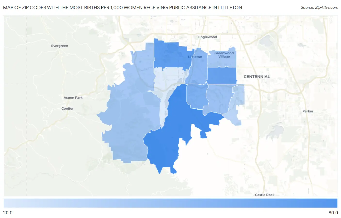 Zip Codes with the Most Births per 1,000 Women Receiving Public Assitance in Littleton Map