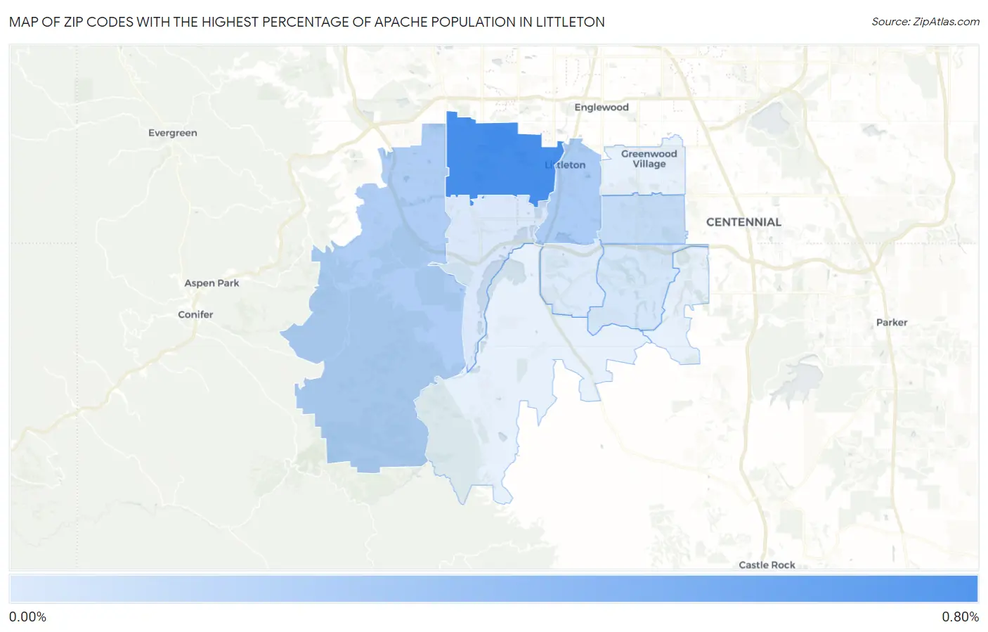 Zip Codes with the Highest Percentage of Apache Population in Littleton Map