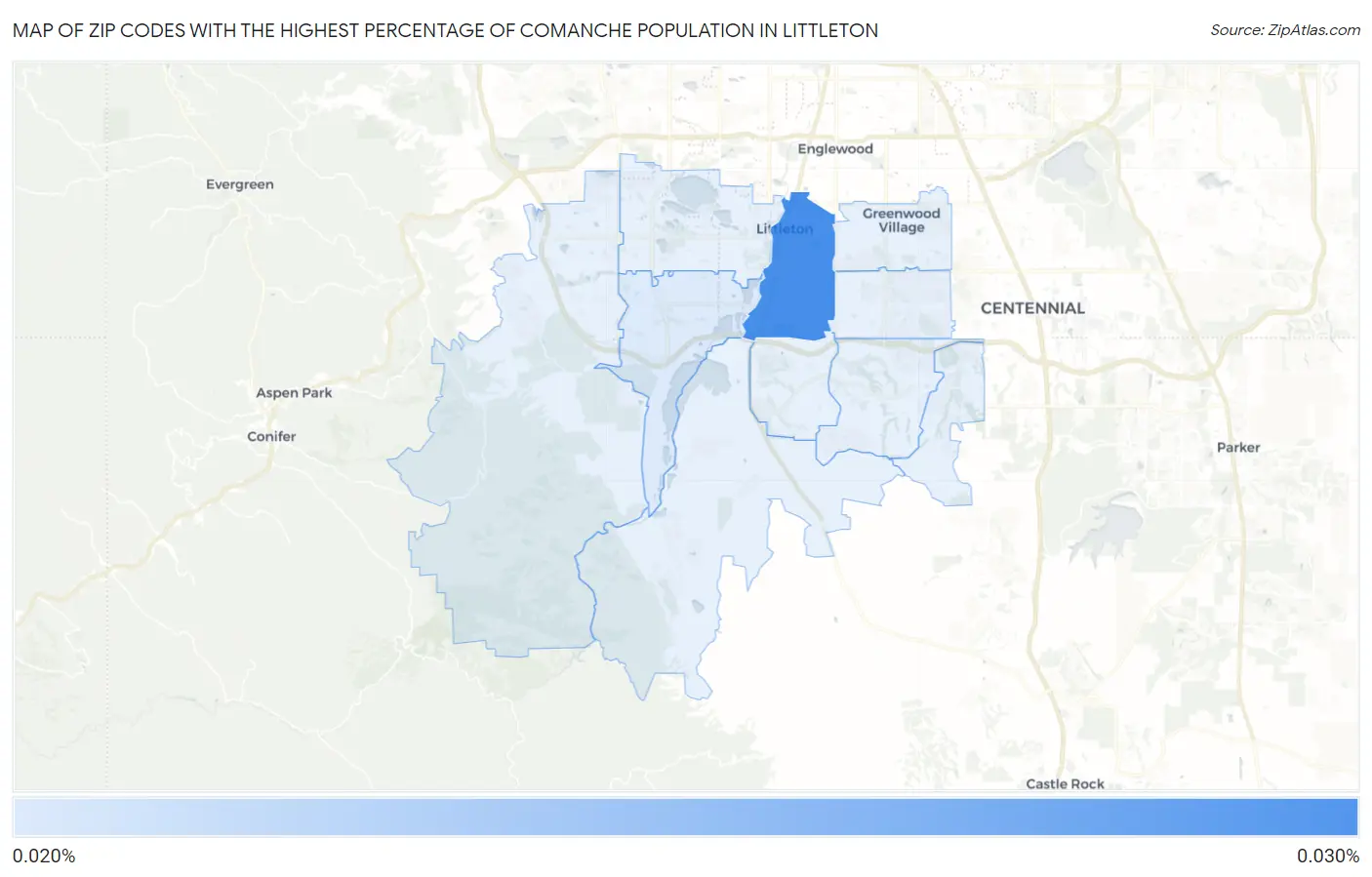 Zip Codes with the Highest Percentage of Comanche Population in Littleton Map