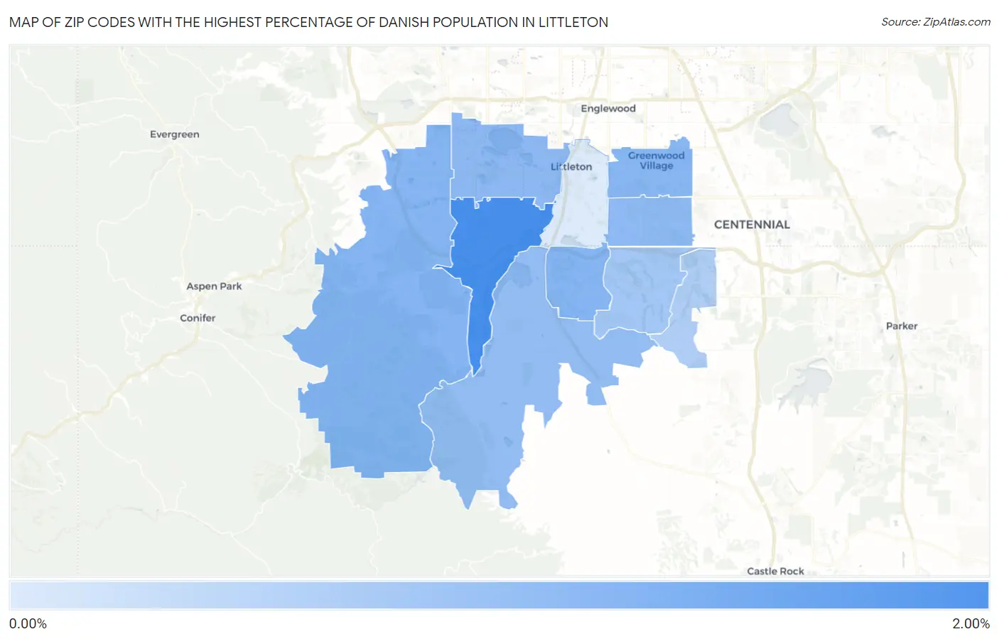 Zip Codes with the Highest Percentage of Danish Population in Littleton Map