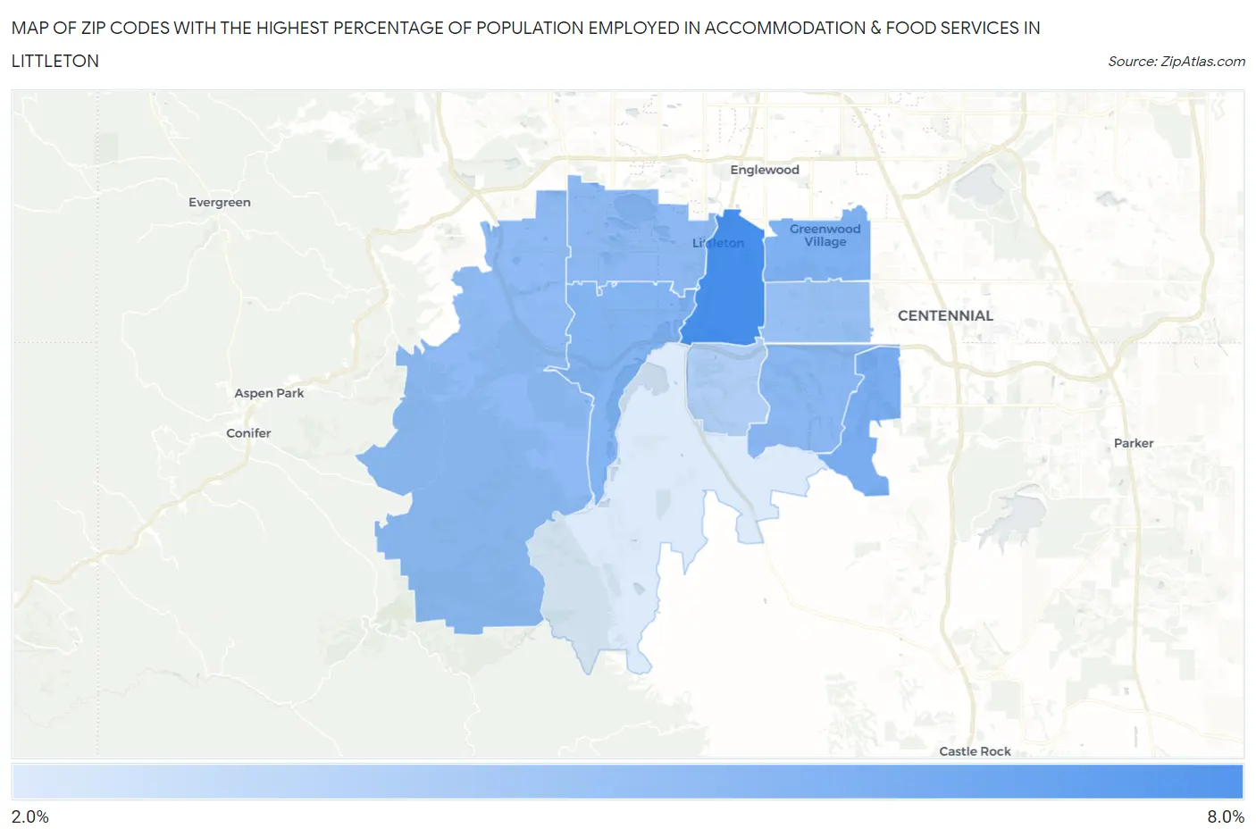 Zip Codes with the Highest Percentage of Population Employed in Accommodation & Food Services in Littleton Map