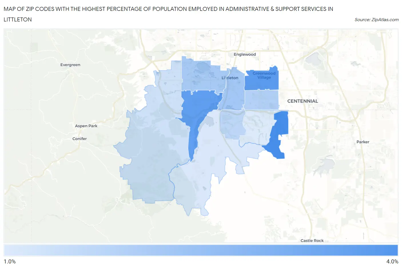 Zip Codes with the Highest Percentage of Population Employed in Administrative & Support Services in Littleton Map