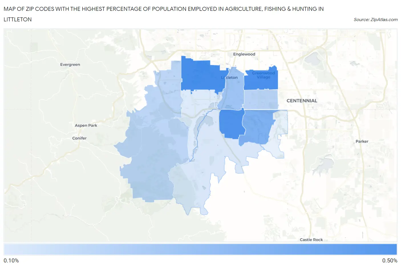 Zip Codes with the Highest Percentage of Population Employed in Agriculture, Fishing & Hunting in Littleton Map