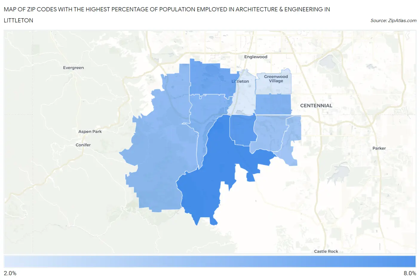 Zip Codes with the Highest Percentage of Population Employed in Architecture & Engineering in Littleton Map