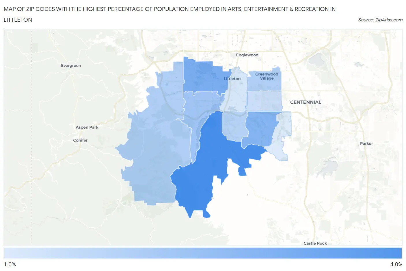 Zip Codes with the Highest Percentage of Population Employed in Arts, Entertainment & Recreation in Littleton Map