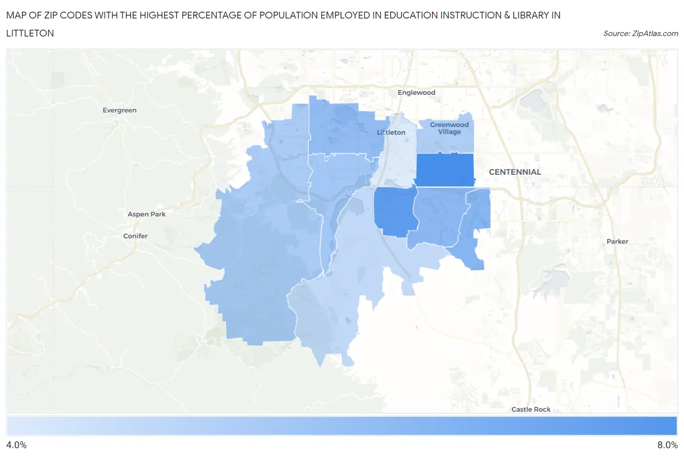 Zip Codes with the Highest Percentage of Population Employed in Education Instruction & Library in Littleton Map