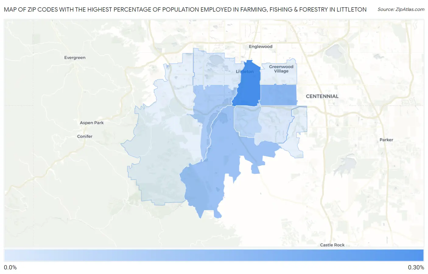 Zip Codes with the Highest Percentage of Population Employed in Farming, Fishing & Forestry in Littleton Map