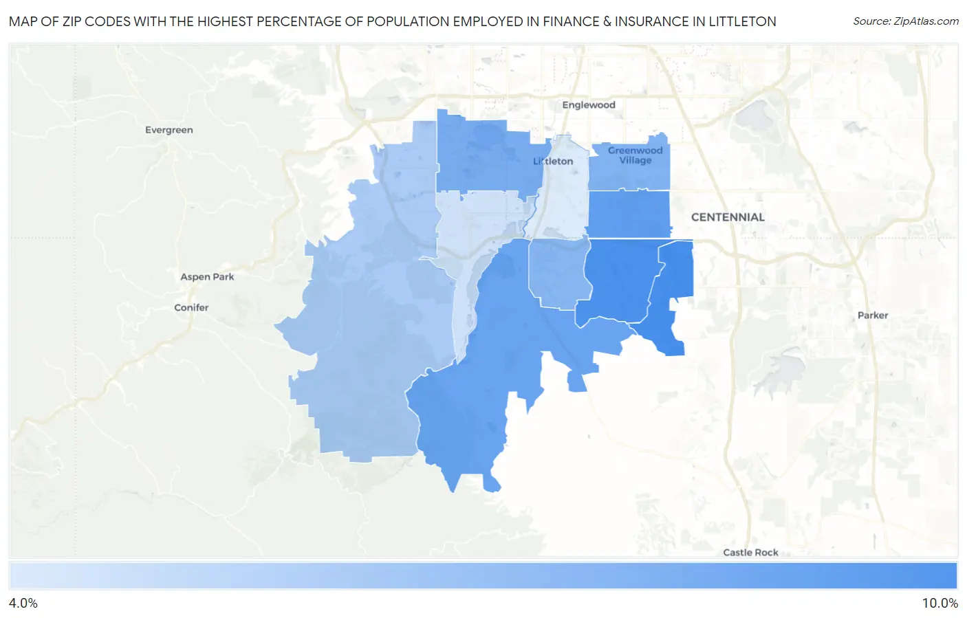 Zip Codes with the Highest Percentage of Population Employed in Finance & Insurance in Littleton Map