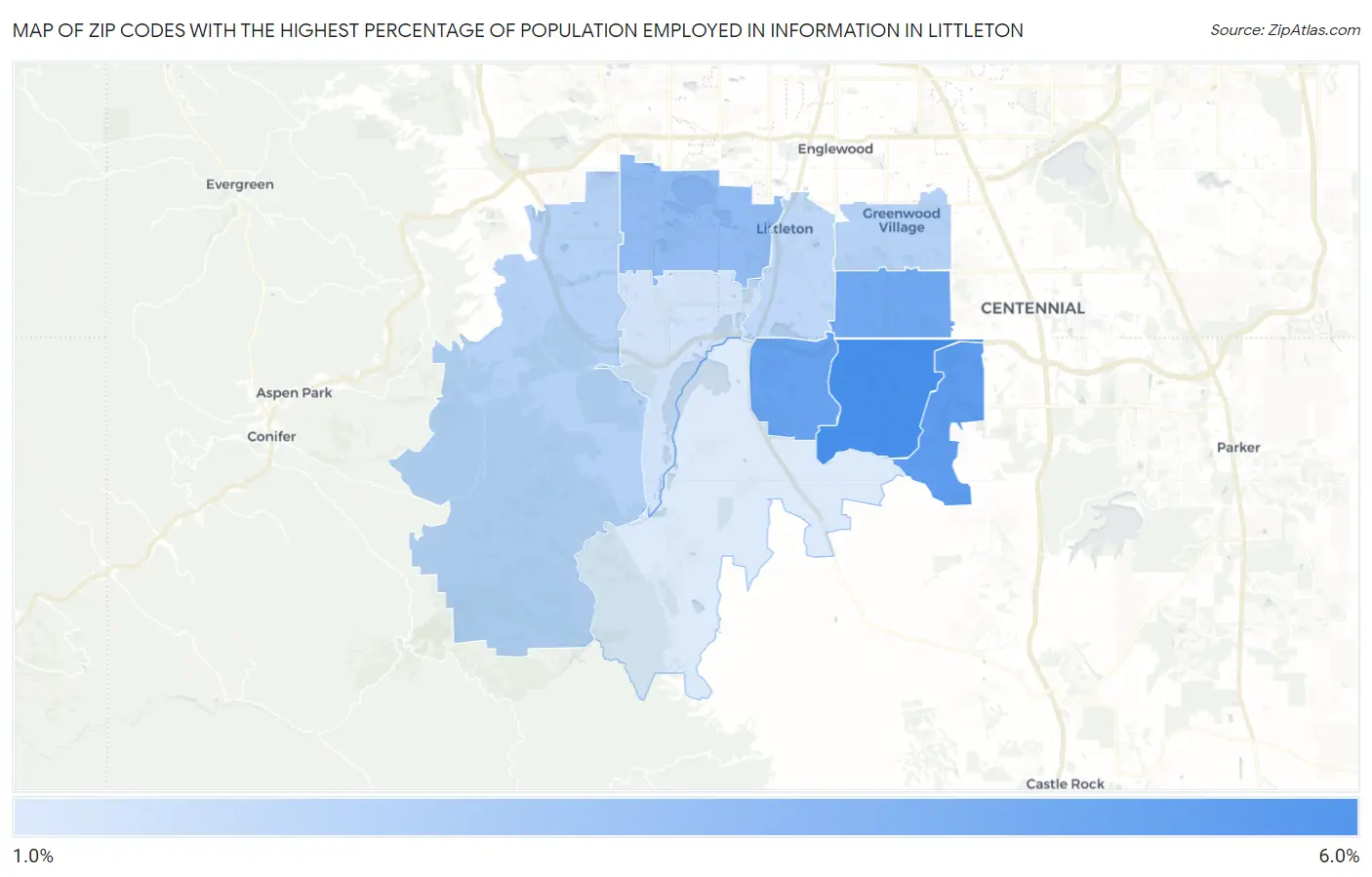 Zip Codes with the Highest Percentage of Population Employed in Information in Littleton Map