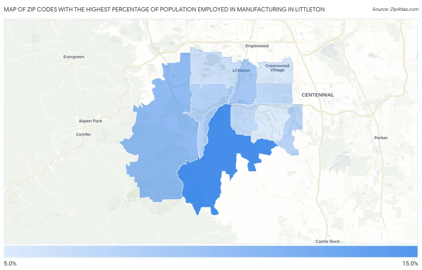 Zip Codes with the Highest Percentage of Population Employed in Manufacturing in Littleton Map