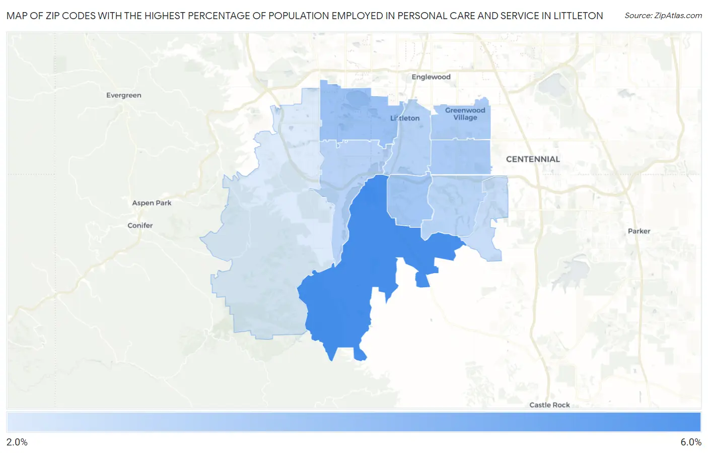 Zip Codes with the Highest Percentage of Population Employed in Personal Care and Service in Littleton Map