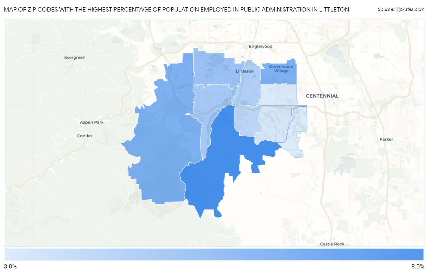 Zip Codes with the Highest Percentage of Population Employed in Public Administration in Littleton Map