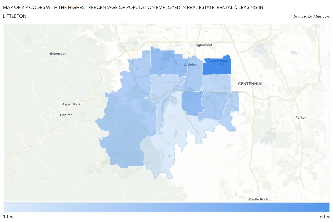 Zip Codes with the Highest Percentage of Population Employed in Real Estate, Rental & Leasing in Littleton Map