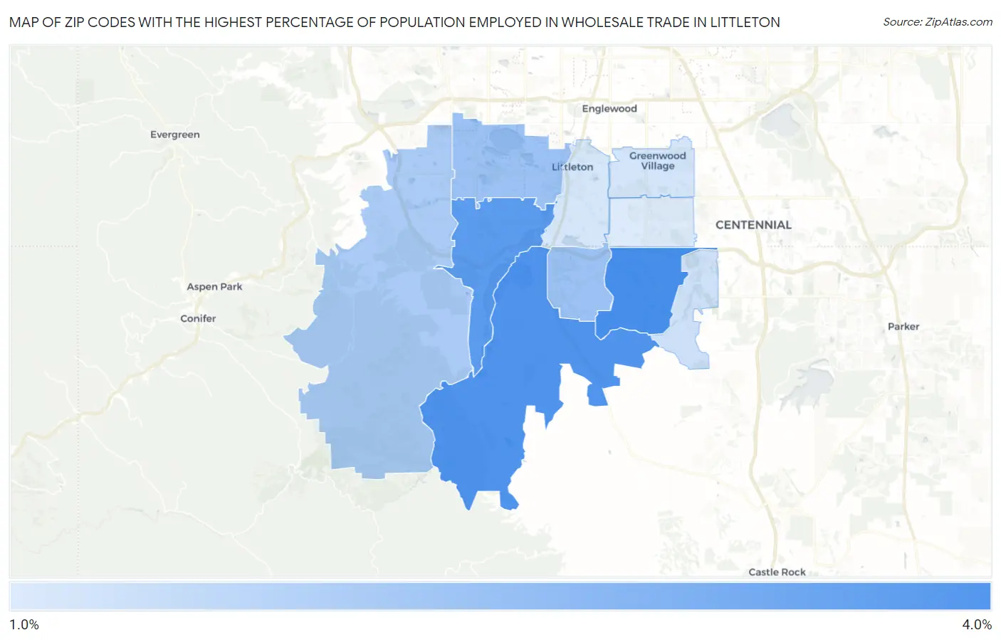 Zip Codes with the Highest Percentage of Population Employed in Wholesale Trade in Littleton Map
