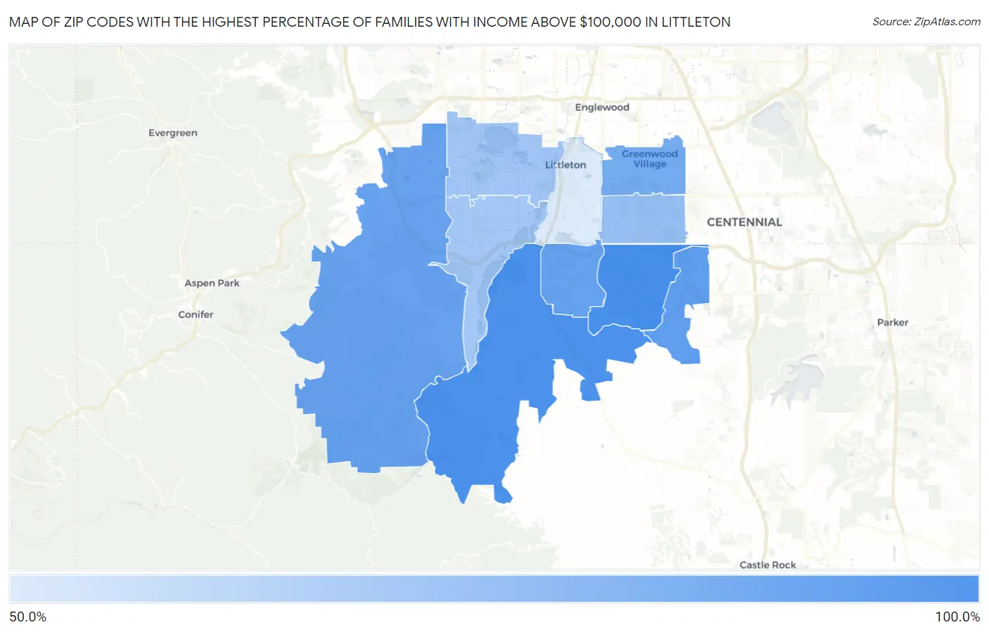 Zip Codes with the Highest Percentage of Families with Income Above $100,000 in Littleton Map