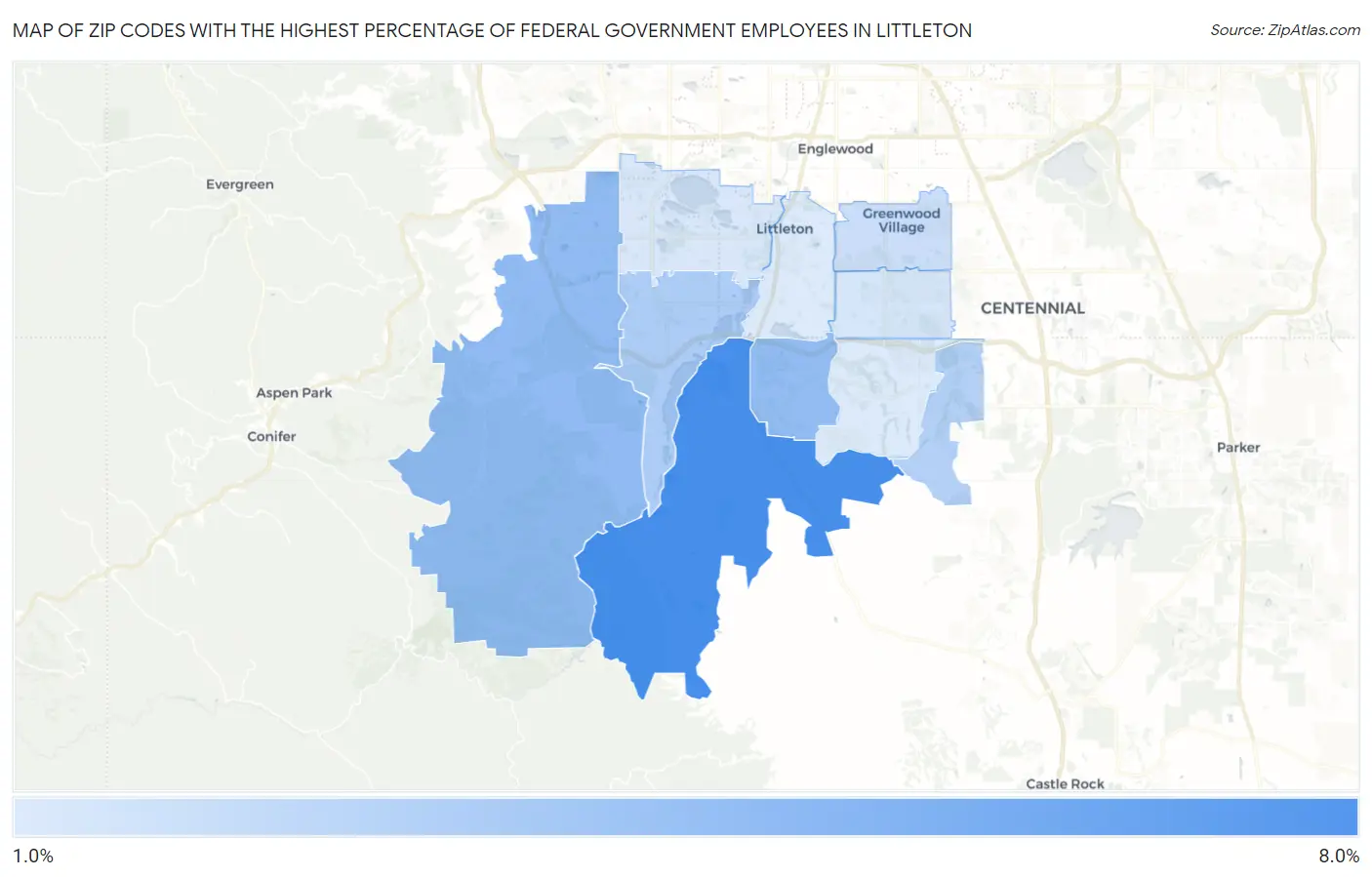 Zip Codes with the Highest Percentage of Federal Government Employees in Littleton Map