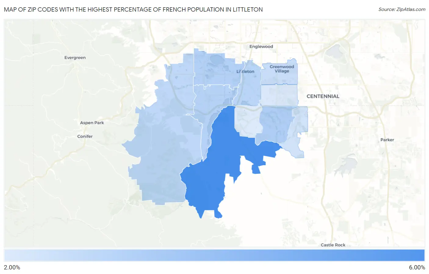 Zip Codes with the Highest Percentage of French Population in Littleton Map