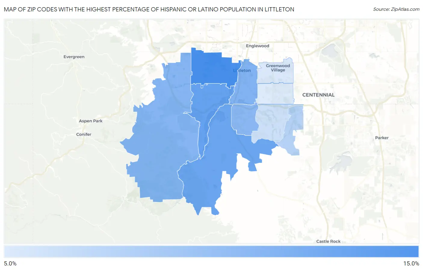 Zip Codes with the Highest Percentage of Hispanic or Latino Population in Littleton Map