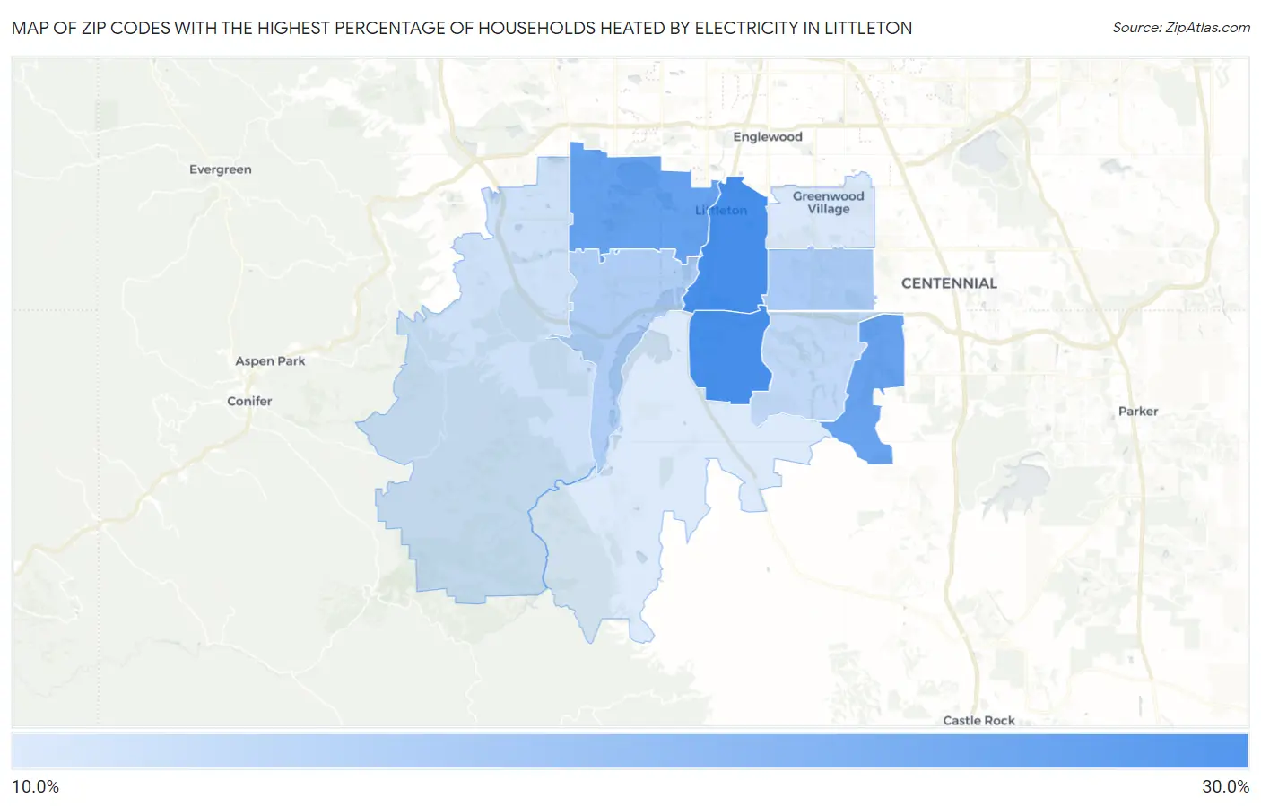 Zip Codes with the Highest Percentage of Households Heated by Electricity in Littleton Map