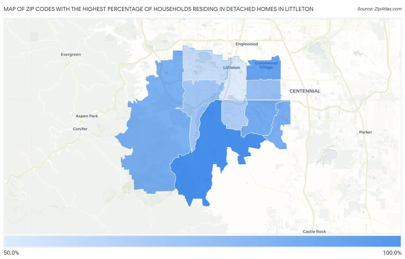 Zip Codes with the Highest Percentage of Households Residing in Detached Homes in Littleton Map