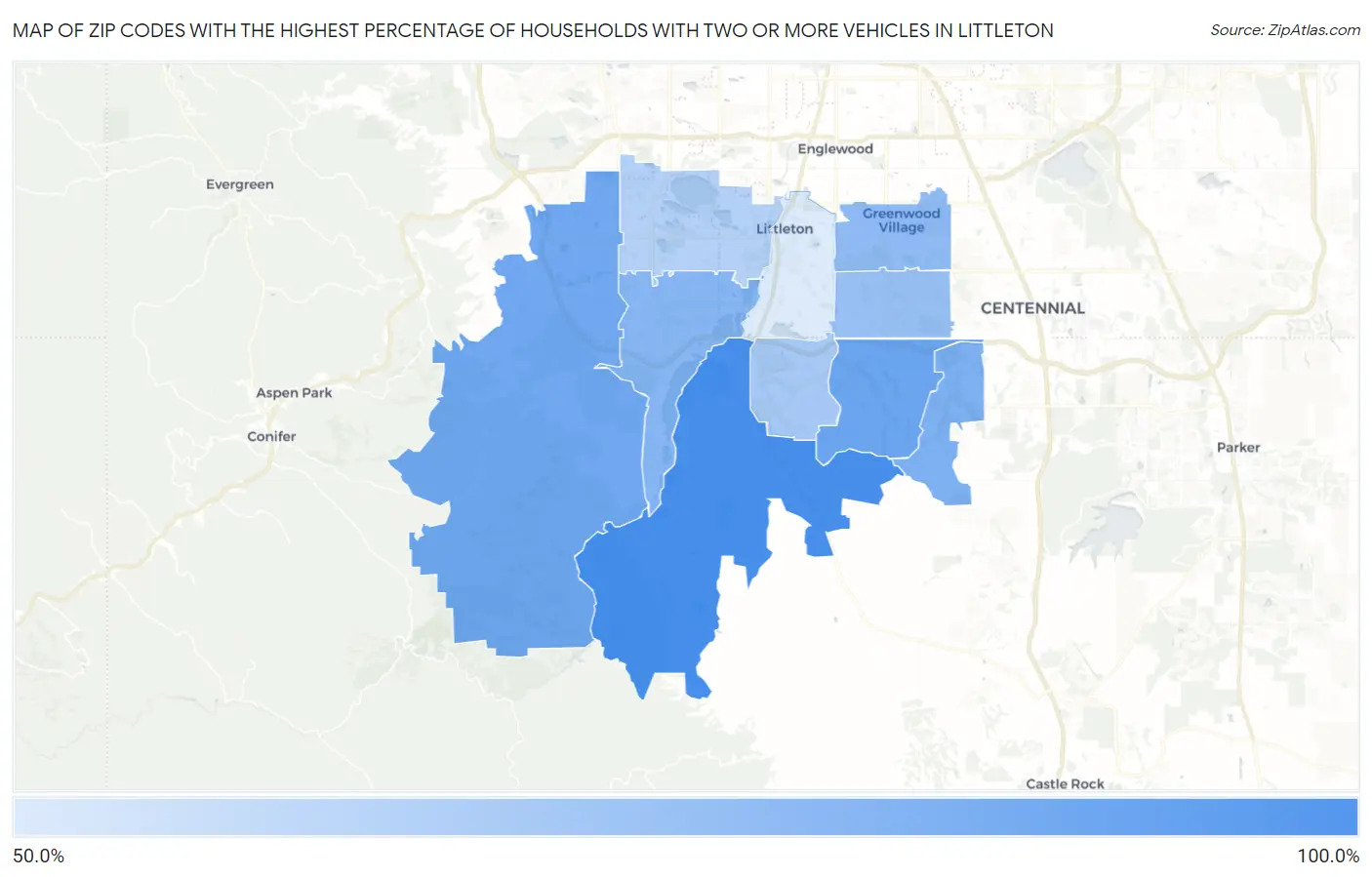 Zip Codes with the Highest Percentage of Households With Two or more Vehicles in Littleton Map