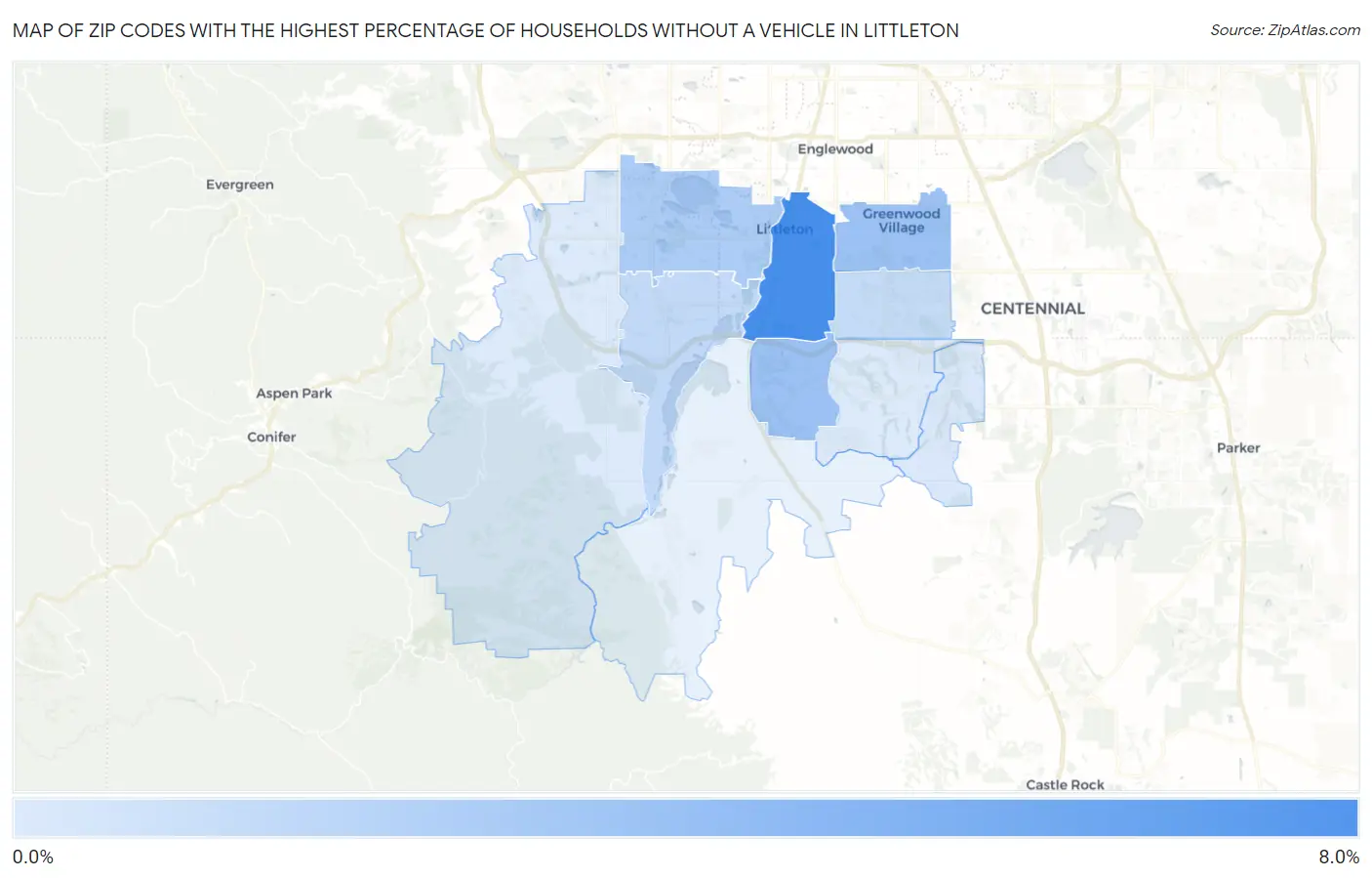 Zip Codes with the Highest Percentage of Households Without a Vehicle in Littleton Map
