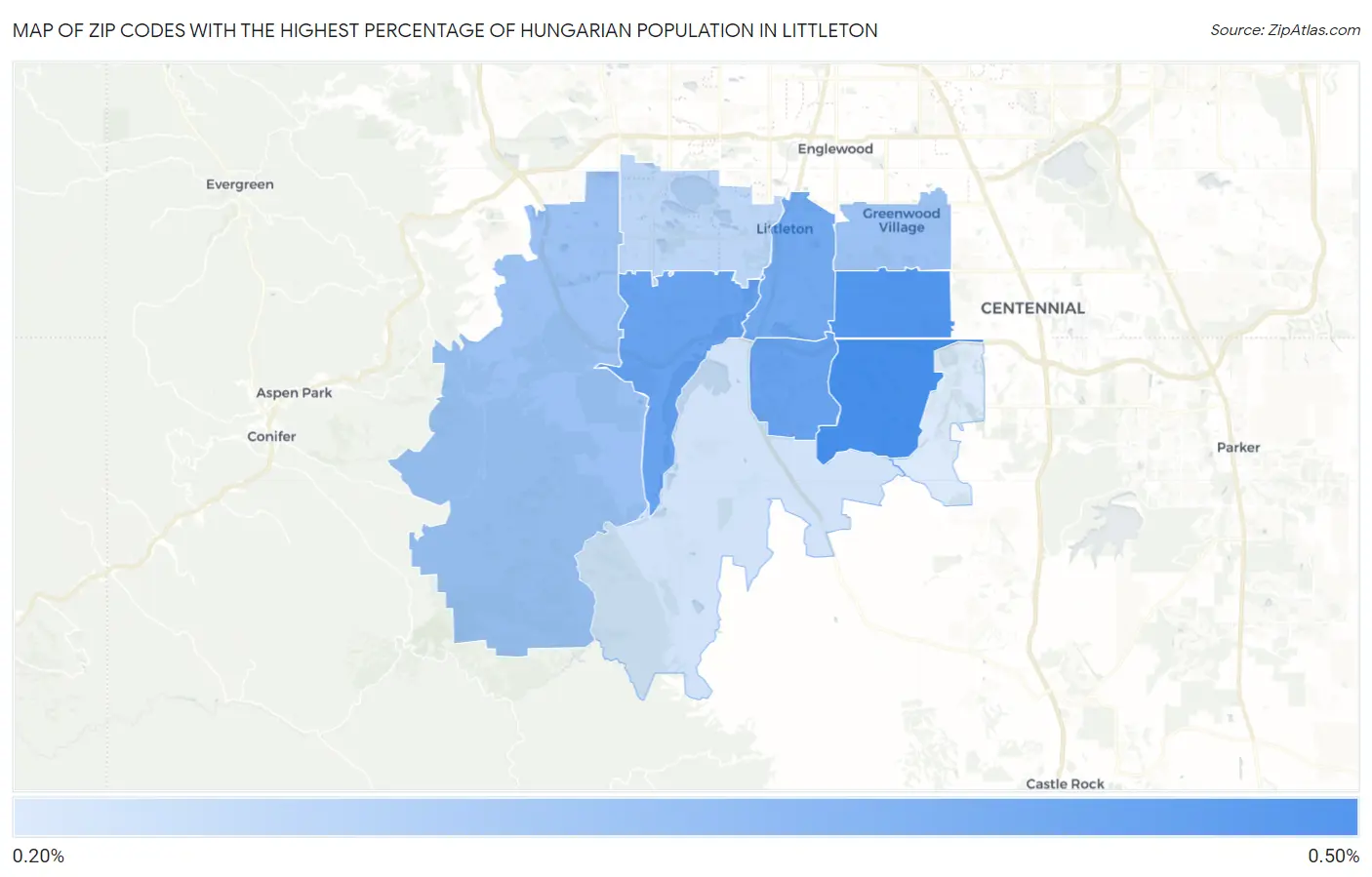 Zip Codes with the Highest Percentage of Hungarian Population in Littleton Map