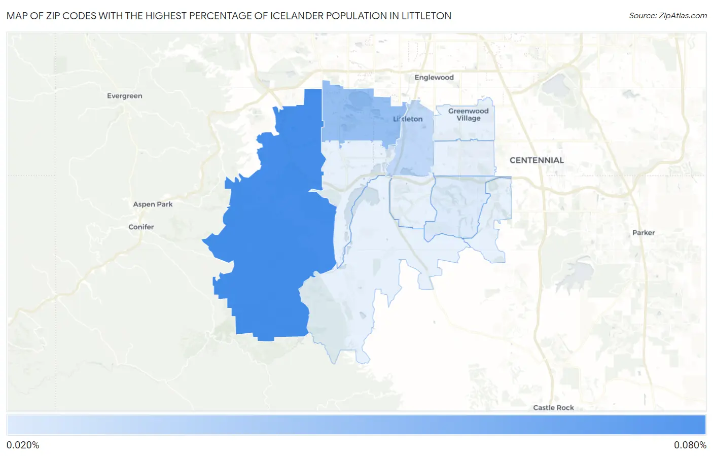 Zip Codes with the Highest Percentage of Icelander Population in Littleton Map