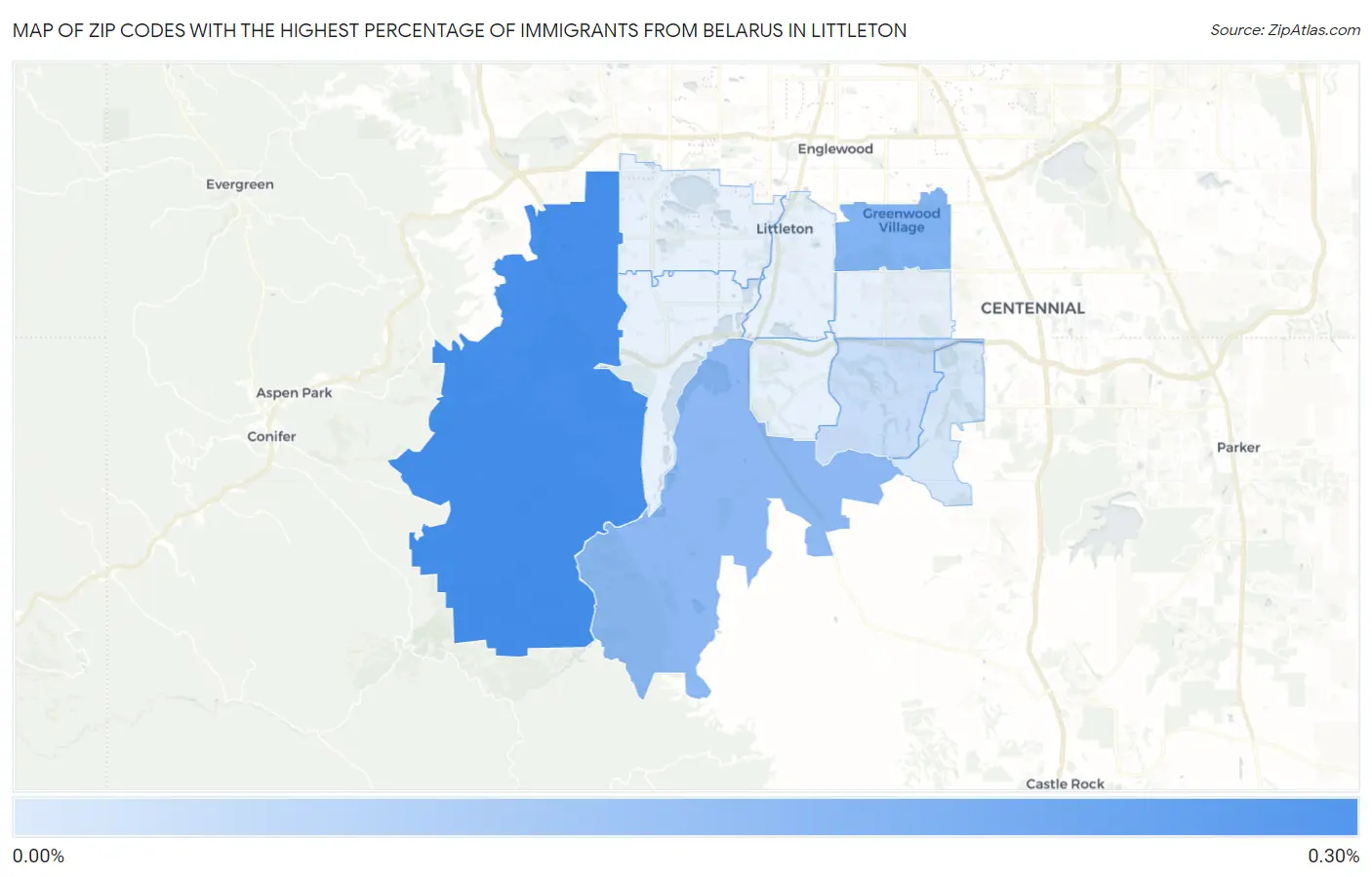 Zip Codes with the Highest Percentage of Immigrants from Belarus in Littleton Map