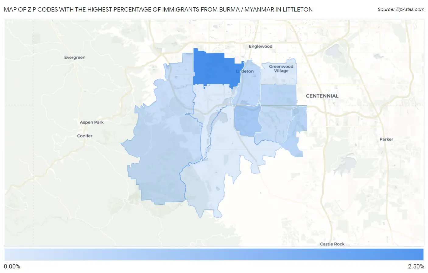 Zip Codes with the Highest Percentage of Immigrants from Burma / Myanmar in Littleton Map