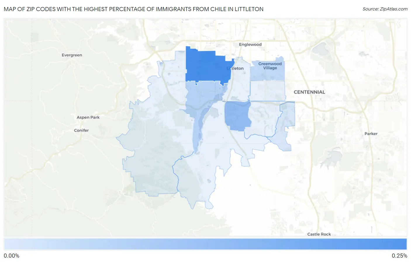 Zip Codes with the Highest Percentage of Immigrants from Chile in Littleton Map