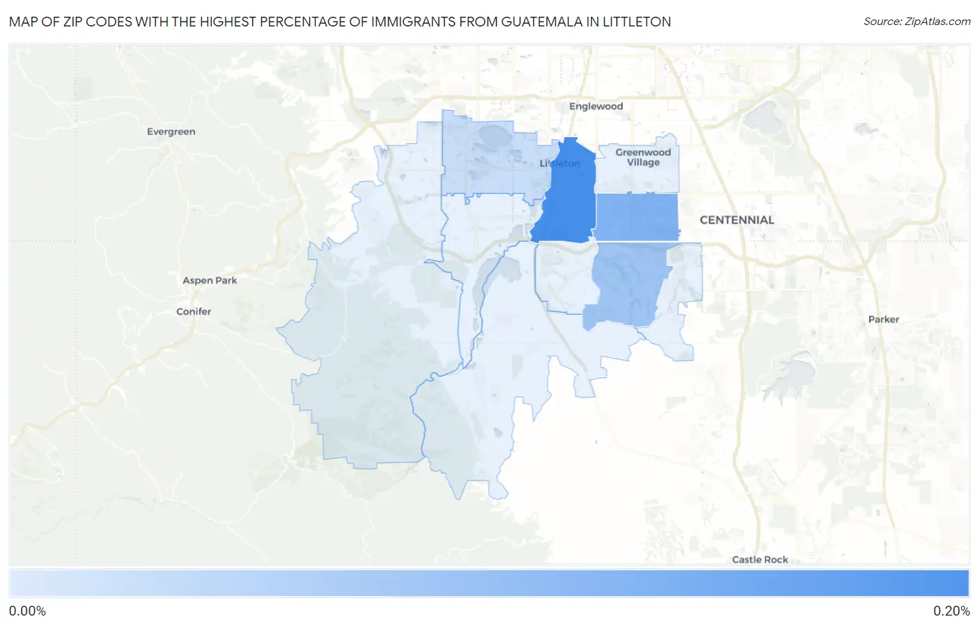 Zip Codes with the Highest Percentage of Immigrants from Guatemala in Littleton Map