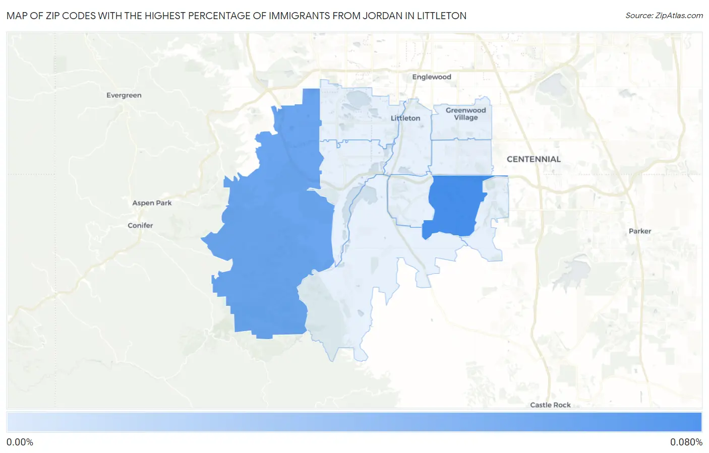 Zip Codes with the Highest Percentage of Immigrants from Jordan in Littleton Map