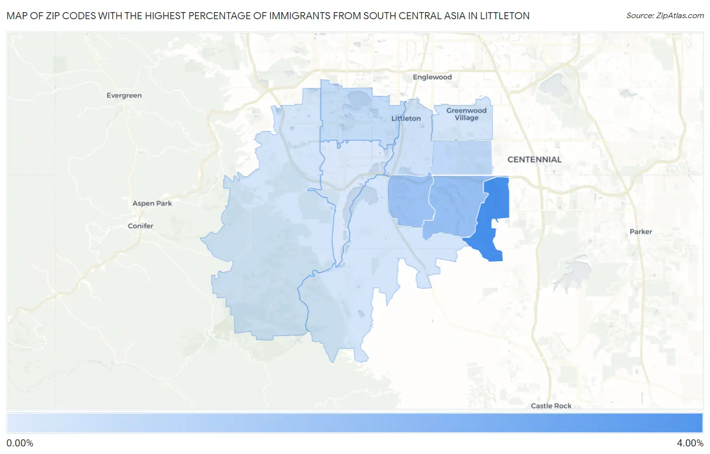 Zip Codes with the Highest Percentage of Immigrants from South Central Asia in Littleton Map