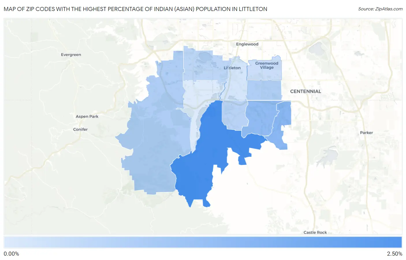 Zip Codes with the Highest Percentage of Indian (Asian) Population in Littleton Map