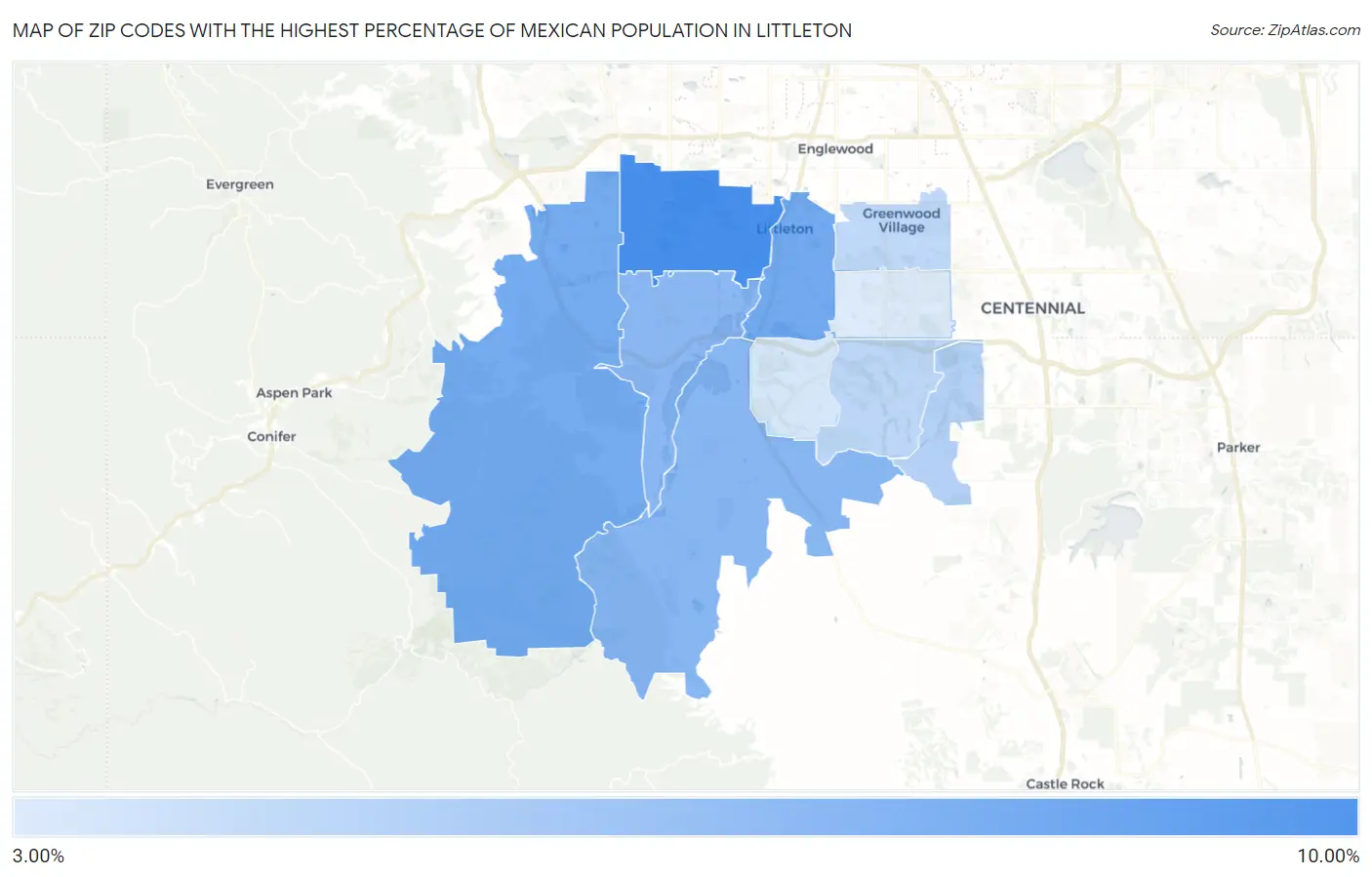 Zip Codes with the Highest Percentage of Mexican Population in Littleton Map