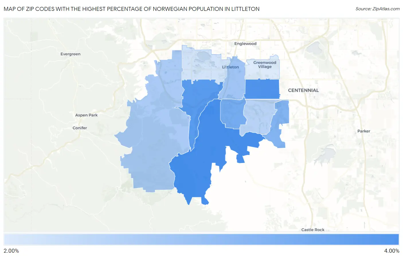 Zip Codes with the Highest Percentage of Norwegian Population in Littleton Map