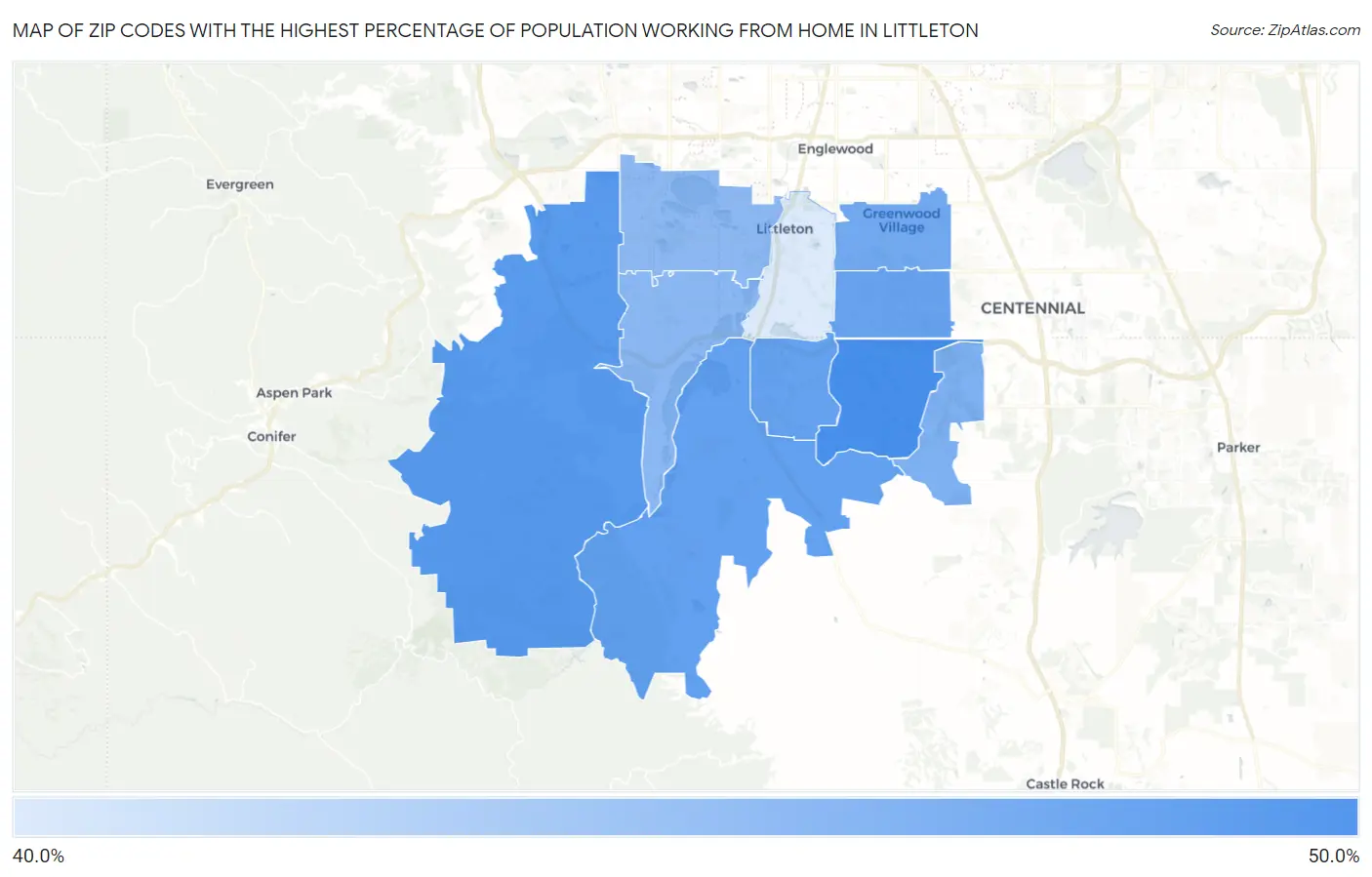 Zip Codes with the Highest Percentage of Population Working from Home in Littleton Map