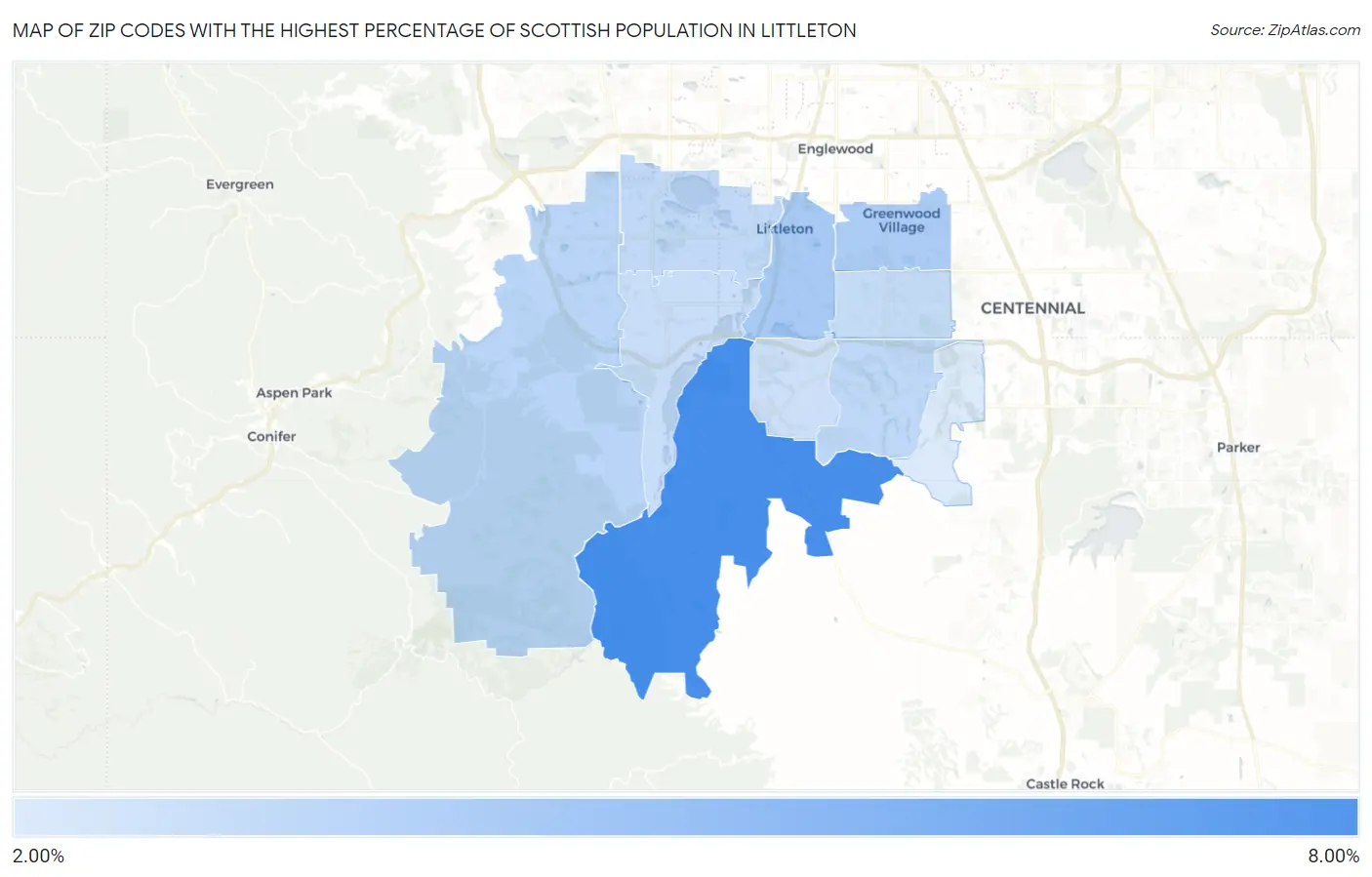 Zip Codes with the Highest Percentage of Scottish Population in Littleton Map