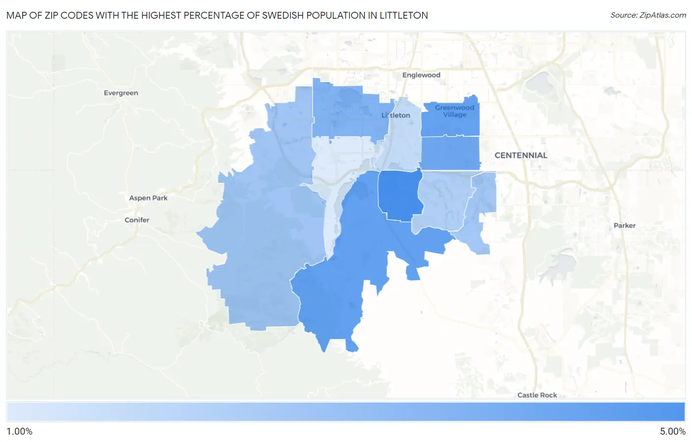 Zip Codes with the Highest Percentage of Swedish Population in Littleton Map