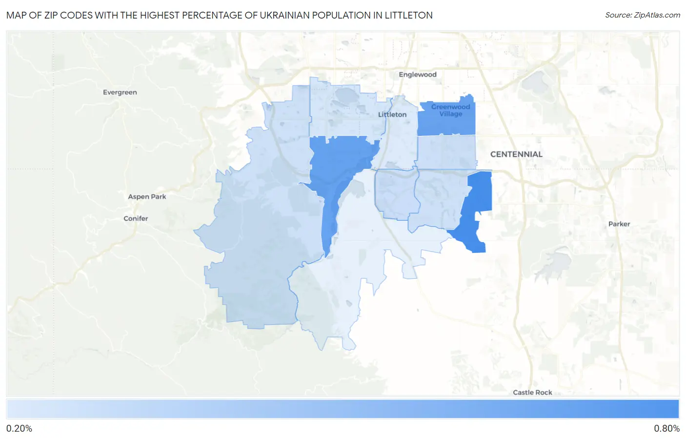 Zip Codes with the Highest Percentage of Ukrainian Population in Littleton Map