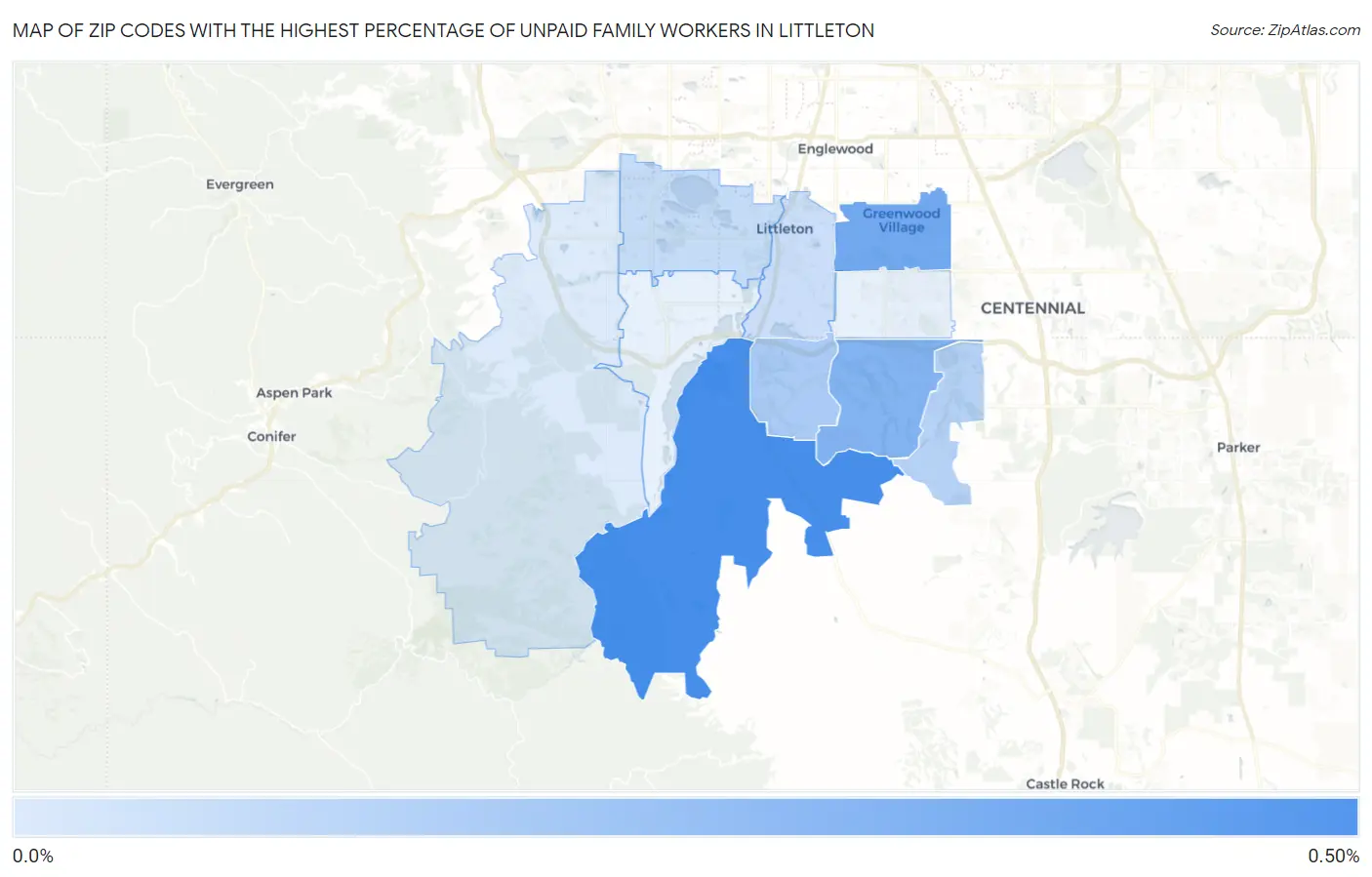 Zip Codes with the Highest Percentage of Unpaid Family Workers in Littleton Map