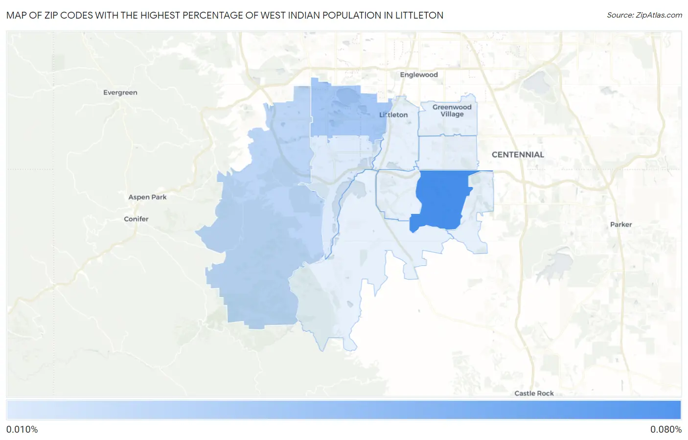 Zip Codes with the Highest Percentage of West Indian Population in Littleton Map