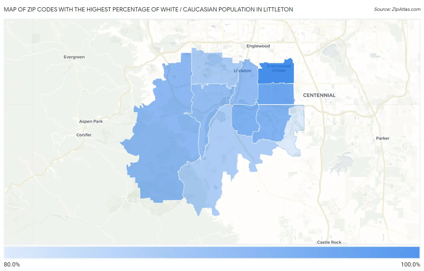 Zip Codes with the Highest Percentage of White / Caucasian Population in Littleton Map