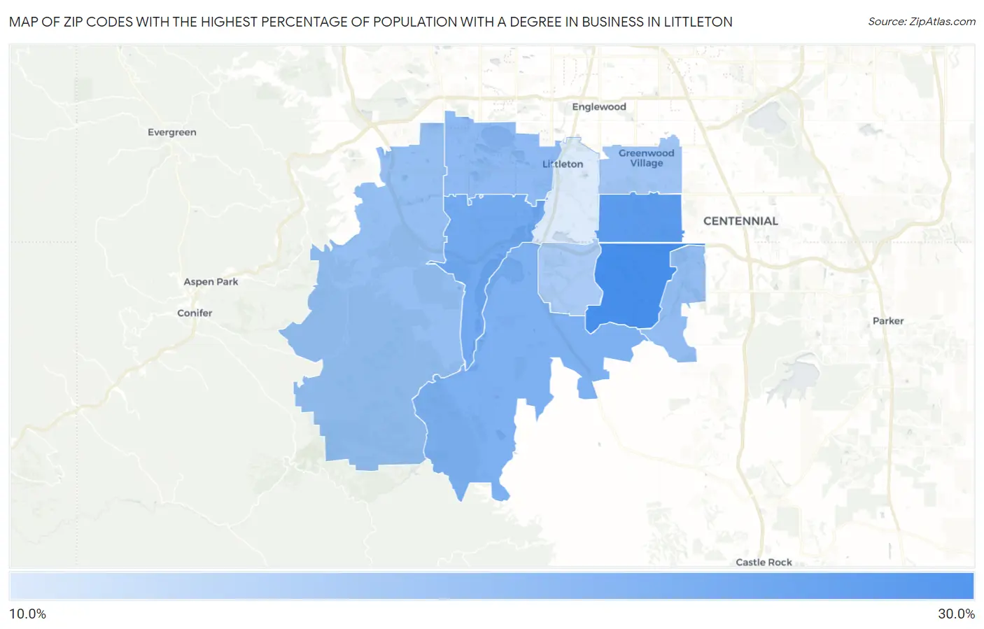 Zip Codes with the Highest Percentage of Population with a Degree in Business in Littleton Map