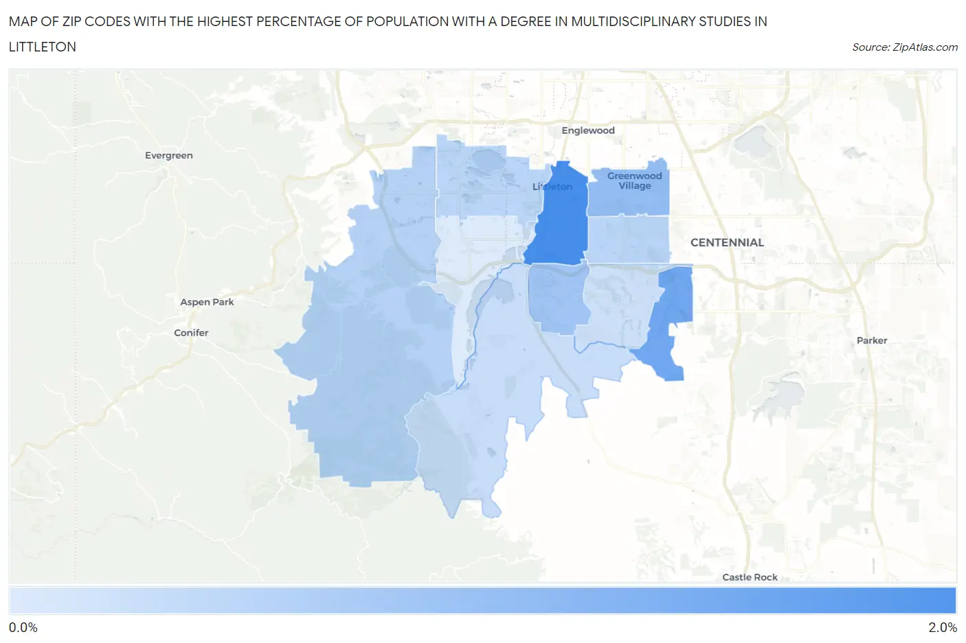 Zip Codes with the Highest Percentage of Population with a Degree in Multidisciplinary Studies in Littleton Map