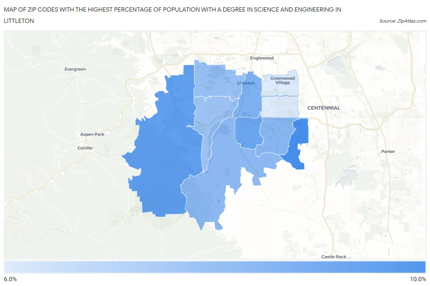 Zip Codes with the Highest Percentage of Population with a Degree in Science and Engineering in Littleton Map
