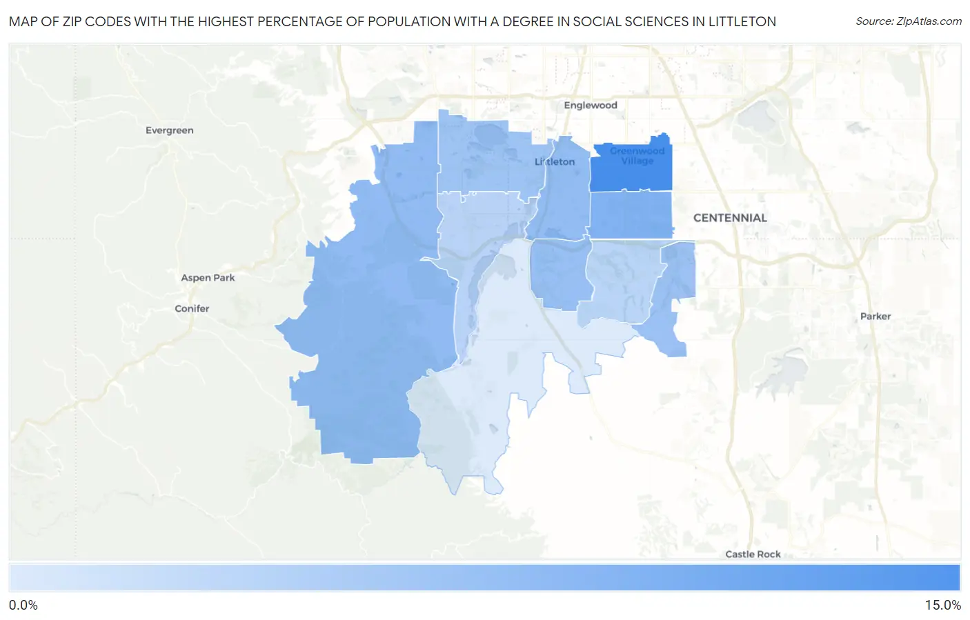 Zip Codes with the Highest Percentage of Population with a Degree in Social Sciences in Littleton Map