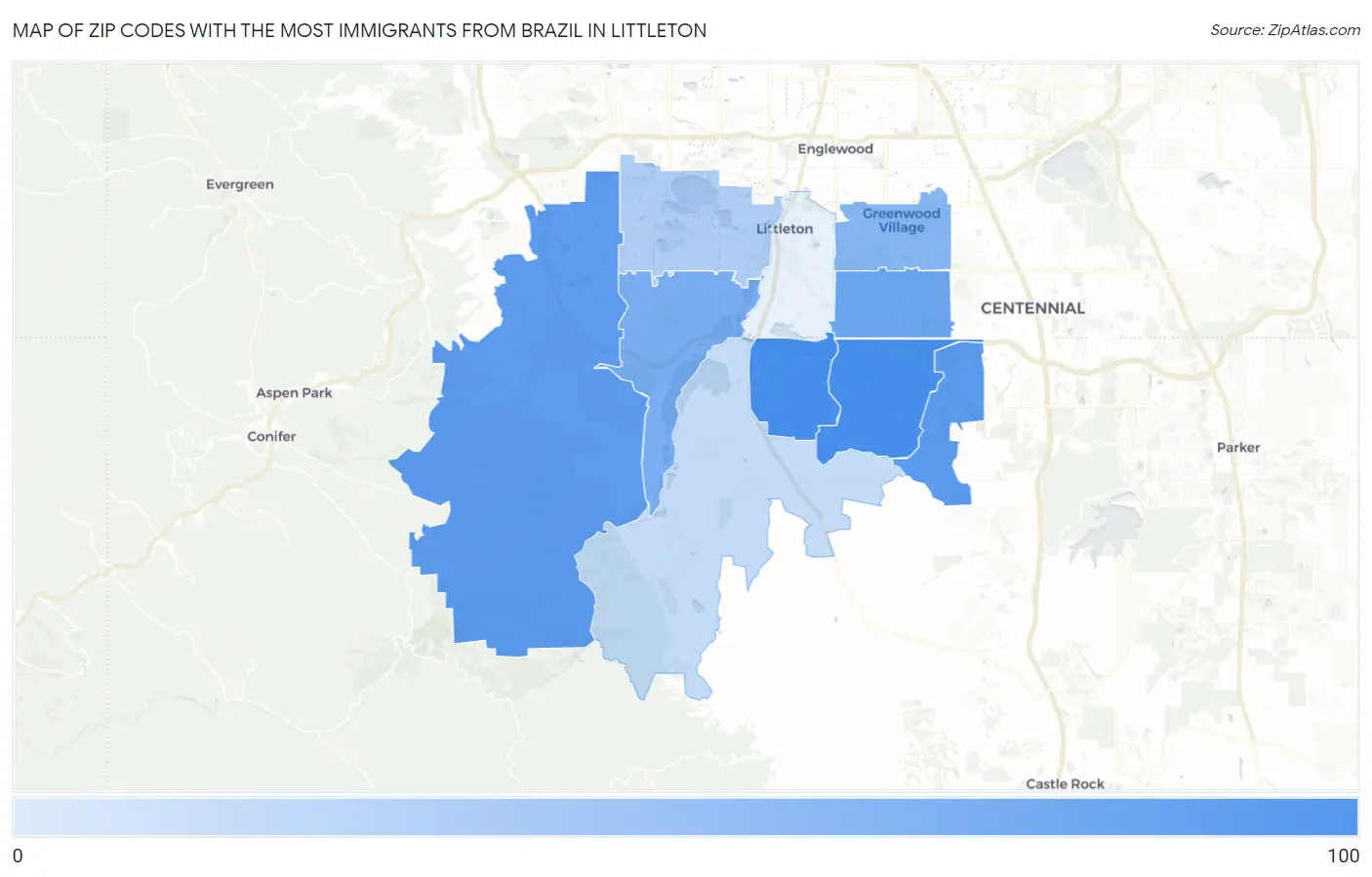 Zip Codes with the Most Immigrants from Brazil in Littleton Map