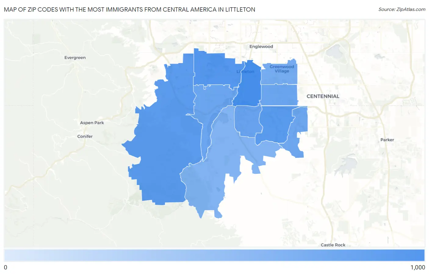 Zip Codes with the Most Immigrants from Central America in Littleton Map